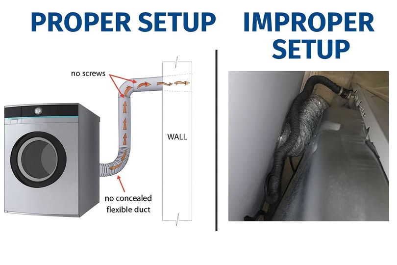 Comparison of an unobstructed dryer vent installation and crushed flexible duct behind a dryer