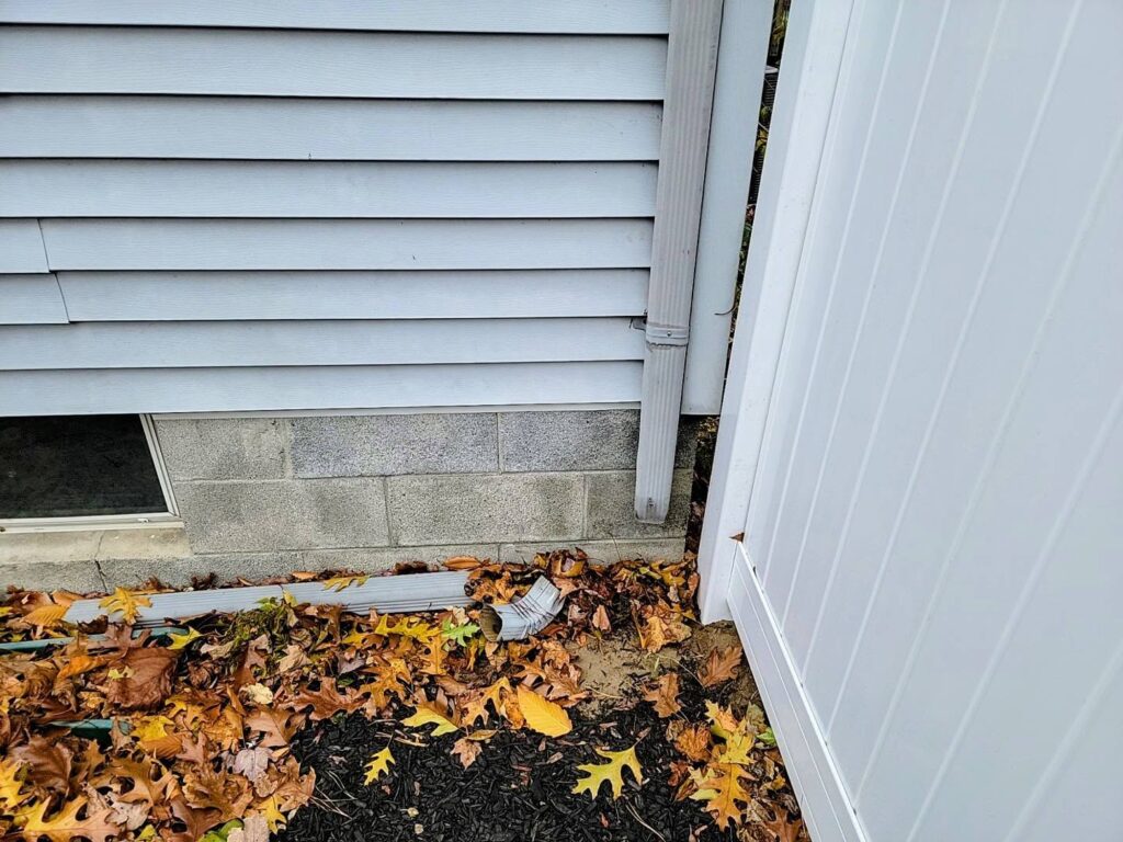 Disconnected downspout extension discharging roof runoff beside the foundation