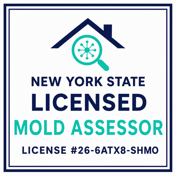New York State Licensed Mold Assessor badge, license number 26-6ATX8-SHMO