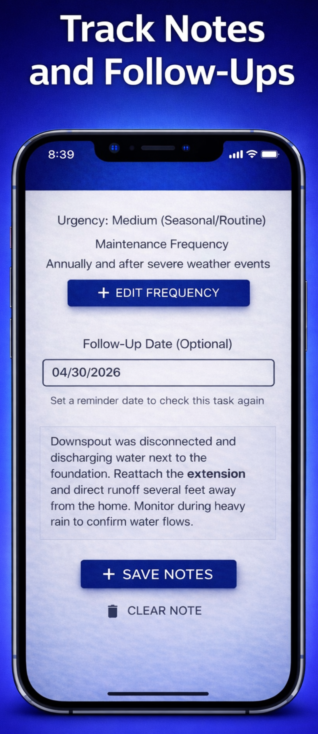 Home Maintenance Checklist app for tracking notes and follow-up dates
