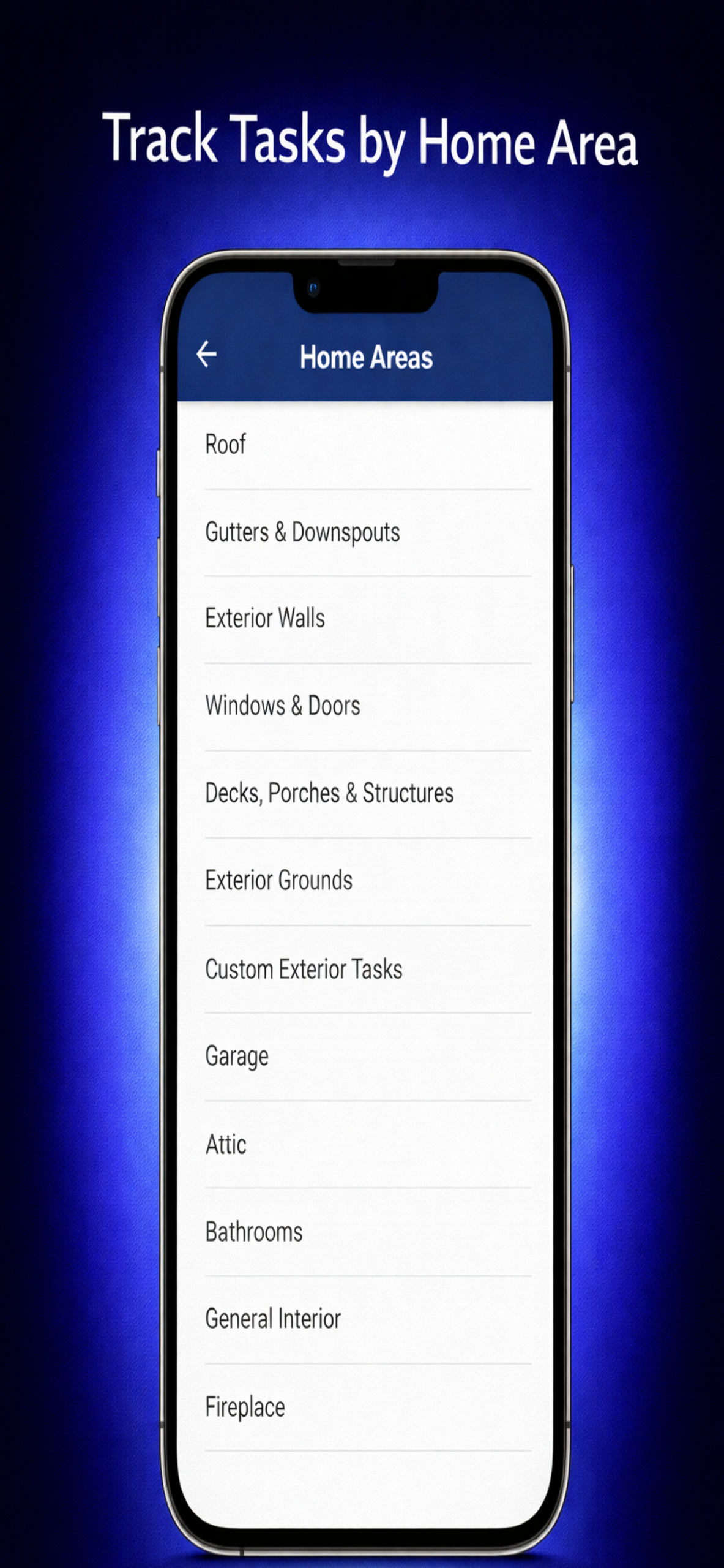 Home Maintenance Checklist app tasks organized by home area